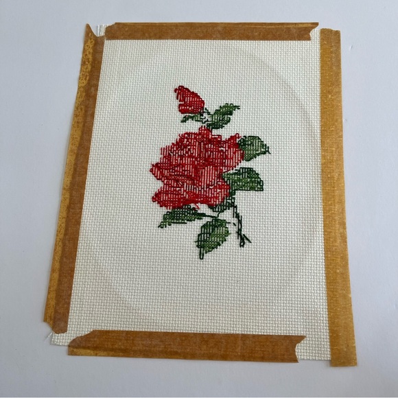Vintage Cross Stitch Red Rose Flower Art Handmade - Picture 6 of 6